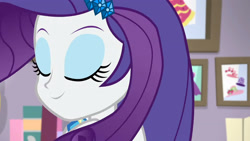 Size: 3410x1920 | Tagged: safe, imported from derpibooru, screencap, rarity, do it for the ponygram!, equestria girls, equestria girls series, spoiler:eqg series (season 2), eyes closed, female, hairpin, rarity peplum dress, smiling, solo