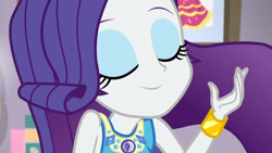 Size: 3410x1920 | Tagged: safe, imported from derpibooru, screencap, rarity, do it for the ponygram!, equestria girls, equestria girls series, spoiler:eqg series (season 2), bracelet, eyes closed, female, geode of shielding, jewelry, magical geodes, rarity peplum dress, smiling, solo