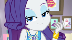 Size: 3410x1920 | Tagged: safe, imported from derpibooru, screencap, rarity, do it for the ponygram!, equestria girls, equestria girls series, spoiler:eqg series (season 2), bracelet, female, geode of shielding, jewelry, looking at you, magical geodes, rarity peplum dress, smiling, smiling at you, solo