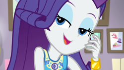 Size: 3410x1920 | Tagged: safe, imported from derpibooru, screencap, rarity, do it for the ponygram!, equestria girls, equestria girls series, spoiler:eqg series (season 2), bracelet, female, geode of shielding, hairpin, jewelry, magical geodes, open mouth, rarity peplum dress, solo