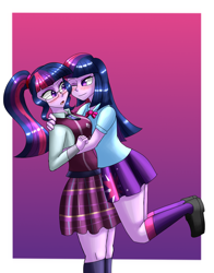 Size: 1800x2300 | Tagged: safe, artist:zachc, imported from derpibooru, sci-twi, twilight sparkle, alicorn, equestria girls, blushing, clothes, colored, crystal prep academy uniform, duo, duo female, female, gradient background, hug, lesbian, looking at each other, one eye closed, open mouth, school uniform, self paradox, shipping, smiling, twilight sparkle (alicorn), twitwi, twolight