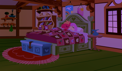 Size: 2880x1680 | Tagged: safe, anonymous artist, imported from derpibooru, big macintosh, fluttershy, earth pony, pegasus, pony, series:fm holidays, bed, bedroom, eyes closed, female, fluttermac, fluttershy's bedroom, fluttershy's cottage, in bed, labor day, lineless, lying down, male, mare, night, shipping, sleeping together, sleepy, smiling, stallion, straight