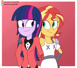 Size: 2611x2293 | Tagged: safe, artist:eagc7, imported from derpibooru, sunset shimmer, twilight sparkle, equestria girls, chaggie, charlie magne, charlie morningstar, clothes, cosplay, costume, duo, female, hand on shoulder, hazbin hotel, high res, ko-fi, lesbian, patreon, patreon reward, shipping, simple background, sleeveless, sunsetsparkle, vaggie