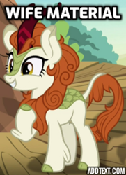 Size: 190x263 | Tagged: safe, edit, edited screencap, imported from derpibooru, screencap, autumn blaze, kirin, sounds of silence, caption, cropped, implied marriage, solo, text, waifu, wife