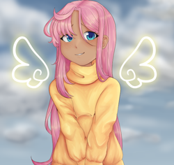 Size: 584x552 | Tagged: safe, alternate version, artist:seaprincessopal, imported from derpibooru, fluttershy, human, clothes, cloud, dark skin, floating wings, fluttershy human, human fluttershy, humanized, sky, solo, sweater, sweatershy, wings