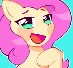 Size: 499x464 | Tagged: safe, artist:seaprincessopal, imported from derpibooru, fluttershy, pegasus, pony, anime, blush sticker, blushing, bust, cute, daaaaaaaaaaaw, female, hoof on chest, looking at you, mare, ms paint, no pupils, open mouth, open smile, outline, portrait, shyabetes, simple background, smiling, solo, teal background, three quarter view, white outline