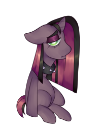 Size: 778x987 | Tagged: safe, artist:seaprincessopal, imported from derpibooru, oc, oc only, pony, unicorn, black, choker, emo, green, green eyes, jewelry, missing cutie mark, necklace, pink, purple, sad, short tail, simple background, solo, straight hair, transparent background