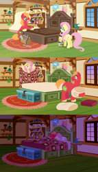 Size: 2880x5040 | Tagged: safe, anonymous artist, imported from derpibooru, big macintosh, fluttershy, earth pony, pegasus, pony, series:fm holidays, bed, bed sheets, bedroom, big grin, butt, comic, cute, eyes closed, female, fluttermac, fluttershy's bedroom, fluttershy's cottage, flying, grin, hammer, in bed, labor day, lineless, looking at each other, lying down, male, mare, mattress, mouth hold, night, no pupils, paint bucket, pillow, plot, quilt, saw, screwdriver, sheet, shipping, shyabetes, sleepy, smiling, smiling at each other, spread wings, stallion, straight, sunset, toolbox, toothy grin, underhoof, wings