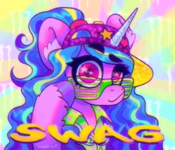 Size: 2048x1762 | Tagged: safe, artist:p0nyplanet, imported from derpibooru, izzy moonbow, pony, unicorn, abstract background, baseball cap, cap, female, g5, hat, izzy the rapper, mare, my little pony: a new generation, rapper, shutter shades, solo, sunglasses, swag, text