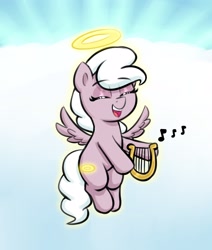 Size: 1944x2292 | Tagged: safe, artist:heretichesh, imported from derpibooru, oc, oc only, angel pony, original species, pegasus, pony, angel, cloud, eyes closed, female, filly, flying, halo, harp, lyre, music notes, musical instrument, open mouth, singing, solo