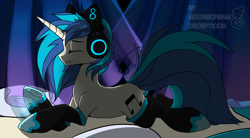 Size: 5446x3000 | Tagged: safe, artist:moonscream decepticon, imported from derpibooru, dj pon-3, vinyl scratch, pony, unicorn, absurd resolution, axent wear cat headphones, clothes, eyes closed, female, frog (hoof), headphones, lying down, mare, motion blur, prone, socks, solo, thigh highs, underhoof