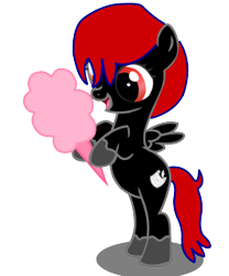 Size: 249x300 | Tagged: safe, imported from derpibooru, oc, oc only, oc:shadow sky, pegasus, pony, bipedal, cotton candy, cute, hoof hold, open mouth, open smile, pegasus oc, red and black oc, red eyes, red mane, simple background, smiling, solo, spread wings, tiny, transparent background, wings