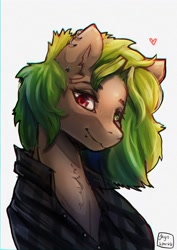 Size: 2894x4093 | Tagged: safe, artist:jaynsparkle, imported from derpibooru, oc, oc only, pony, chest fluff, clothes, heterochromia, looking at you, shirt, smiling, solo