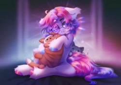 Size: 2048x1434 | Tagged: safe, artist:shenki, artist:tomness, imported from derpibooru, oc, oc only, cat, pony, unicorn, ear fluff, floppy ears, fluffy, glasses, hug, looking at you, round glasses, solo