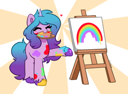 Size: 5359x3958 | Tagged: safe, artist:kittyrosie, imported from derpibooru, izzy moonbow, pony, unicorn, cute, easel, eyes closed, female, g5, izzybetes, mare, messy, messy coloring, messy colouring, mouth hold, painting, rainbow, solo, unshorn fetlocks