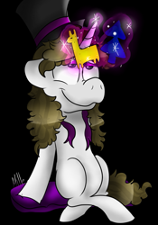 Size: 687x979 | Tagged: safe, artist:millefaller, imported from derpibooru, oc, oc only, pony, unicorn, black background, female, glowing horn, hat, horn, magic, mare, signature, simple background, sitting, smiling, solo, telekinesis, top hat, unicorn oc