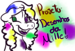 Size: 826x560 | Tagged: safe, artist:millefaller, imported from derpibooru, earth pony, pony, abstract background, bust, female, heterochromia, mare, open mouth, portuguese, smiling, solo