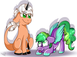 Size: 1097x806 | Tagged: safe, artist:millefaller, imported from derpibooru, oc, oc only, pegasus, pony, unicorn, :p, colored hooves, duo, face down ass up, horn, leonine tail, pegasus oc, signature, tongue out, unicorn oc, wings