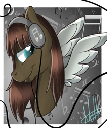 Size: 862x1030 | Tagged: safe, artist:millefaller, imported from derpibooru, oc, oc only, pegasus, pony, bust, headphones, music notes, pegasus oc, signature, solo, wings