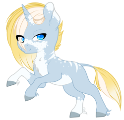 Size: 1170x1131 | Tagged: safe, artist:schokocream, imported from derpibooru, oc, oc only, pony, unicorn, blue eyes, coat markings, colored hooves, ear fluff, eye clipping through hair, horn, looking at you, rearing, simple background, solo, unicorn oc, white background
