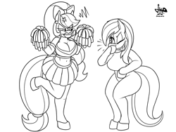 Size: 1600x1200 | Tagged: safe, artist:jamearts, imported from derpibooru, applejack, rainbow dash, anthro, earth pony, pegasus, unguligrade anthro, arm hooves, bimbo, cheerleader, clothes, cross-popping veins, duo, female, laughing, lineart, lipstick, monochrome, one eye closed, pom pom, signature, skirt, smiling, smirk, tomboy taming, unamused, wingless, wingless anthro, wink