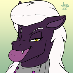 Size: 1280x1280 | Tagged: safe, artist:jamearts, imported from derpibooru, oc, oc only, oc:praetura amethyst, earth pony, original species, pony, subterranean pony, bust, earth pony oc, fangs, gradient background, impossibly large lips, one eye closed, solo, wink