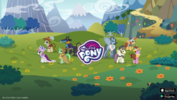 Size: 2560x1440 | Tagged: safe, imported from derpibooru, ahuizotl, chancellor puddinghead, clover the clever, commander hurricane, princess platinum, private pansy, queen parabola, smart cookie, alicorn, earth pony, pegasus, pony, unicorn, female, founders of equestria, g4, gameloft, male, mare, my little pony logo, official, stallion, text, video game, watermark, youtube banner