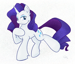 Size: 3711x3154 | Tagged: safe, artist:stec-corduroyroad, imported from derpibooru, rarity, pony, unicorn, blue eyes, cheek fluff, ear fluff, female, high res, hoof fluff, hoof on chest, horn, lidded eyes, looking at you, mare, raised leg, signature, smiling, smiling at you, standing