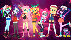 Size: 5120x2880 | Tagged: safe, artist:sapphire, derpibooru exclusive, edit, imported from derpibooru, applejack, fluttershy, pinkie pie, rainbow dash, rarity, sci-twi, sunset shimmer, twilight sparkle, equestria girls, alternate clothes, clothes swap, converse, crossover, humane five, humane seven, humane six, pokémon, shoes, wallpaper