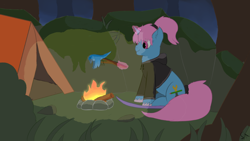 Size: 1192x670 | Tagged: safe, artist:schumette14, imported from derpibooru, oc, oc only, oc:serena, bird, pony, campfire, fire, forest, island, night, solo, tent