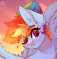 Size: 1377x1440 | Tagged: safe, artist:elektra-gertly, imported from derpibooru, rainbow dash, pegasus, pony, bust, ear fluff, eye clipping through hair, eyebrows, eyebrows visible through hair, gritted teeth, looking at something, multicolored hair, portrait, purple eyes, signature, solo, teeth, wings