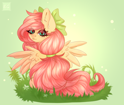 Size: 3078x2592 | Tagged: safe, artist:elektra-gertly, imported from derpibooru, fluttershy, pegasus, pony, alternate hairstyle, bow, cute, ear fluff, eye clipping through hair, eyebrows, eyebrows visible through hair, female, grass, hair, hair bow, high res, looking at you, looking back, looking back at you, mare, shyabetes, signature, solo, spread wings, teal eyes, wings