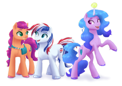 Size: 1280x905 | Tagged: safe, artist:shaslan, imported from derpibooru, izzy moonbow, sunny starscout, oc, oc:britannia (uk ponycon), earth pony, pony, unicorn, female, g5, mare, simple background, transparent background