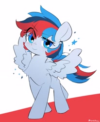 Size: 2622x3187 | Tagged: safe, artist:lexiedraw, imported from derpibooru, oc, oc only, oc:retro city, pegasus, pony, blue eyes, blue mane, blue tail, blushing, feathered wings, female, high res, mare, multicolored mane, multicolored tail, oc name needed, raised hoof, red mane, red tail, solo, spread wings, walking, wings