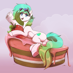 Size: 2055x2048 | Tagged: safe, artist:1an1, imported from derpibooru, oc, oc only, oc:gumdrop, earth pony, pony, butt, cake, commission, female, flower, flower in hair, food, high res, mare, plot, smiling, solo, strawberry, sunglasses, underhoof, ych result