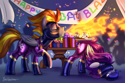 Size: 3000x2000 | Tagged: safe, artist:jedayskayvoker, imported from derpibooru, oc, oc only, oc:blaze (shadowbolt), oc:crimson rain, pegasus, pony, birthday, birthday cake, cake, candle, clothes, costume, covering eyes, cowering, face down ass up, fire, food, high res, latex, latex suit, male, present, rule 63, shadowbolts, shadowbolts costume, shivering, stallion