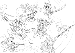 Size: 2039x1447 | Tagged: safe, artist:bubbletea, imported from derpibooru, oc, oc:paper bag, oc:paperbag, alicorn, earth pony, pegasus, pony, unicorn, armor, black and white, cardboard, cardboard box, doodle, fantasy class, fight, grayscale, group photo, japanese, katana, monochrome, paper, paper bag, samurai, sketch, sword, war, warrior, weapon