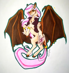 Size: 1920x2051 | Tagged: safe, artist:oneiria-fylakas, imported from derpibooru, fluttershy, bat pony, pony, alternate design, bat ponified, flutterbat, race swap, solo, traditional art