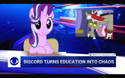 Size: 1084x677 | Tagged: safe, edit, edited screencap, imported from derpibooru, screencap, discord, starlight glimmer, draconequus, pony, unicorn, series:equestrian propaganda of success, a matter of principals, chair, female, male, mare, meme, news, poland, ponified meme, reference, sitting, tvp, zbs