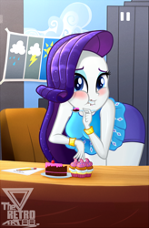 Size: 910x1384 | Tagged: safe, artist:theretroart88, imported from derpibooru, rarity, equestria girls, equestria girls series, blushing, breasts, cake, caught, cupcake, female, food, looking at you, messy eating, rarity peplum dress, weather, weather forecast