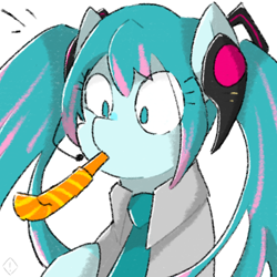 Size: 1280x1280 | Tagged: safe, artist:metaruscarlet, imported from derpibooru, kotobukiya, earth pony, pony, anime, birthday, clothes, female, hatsune miku, headphones, kotobukiya hatsune miku pony, mare, necktie, party horn, ponified, shirt, simple background, solo, vocaloid, white background