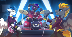 Size: 3840x1988 | Tagged: safe, artist:strafe blitz, imported from derpibooru, oc, oc only, oc:astonish moon, oc:blaze (shadowbolt), oc:whirlwind flux, pegasus, pony, choker, clothes, collar, concert, drums, electric guitar, guitar, jacket, male, microphone, musical instrument, singing, spiked choker, spiked collar, stage, stallion, trio