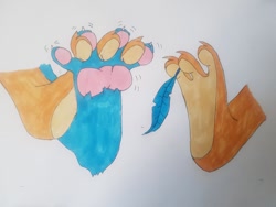 Size: 901x676 | Tagged: artist needed, safe, imported from derpibooru, gallus, smolder, dragon, griffon, between toes, feather, feet, fetish, foot fetish, foot focus, footsie, interlocking toes, paw pads, paws, tickling, toe beans, traditional art, underpaw