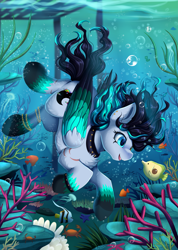 Size: 2843x3995 | Tagged: safe, artist:pridark, imported from derpibooru, oc, oc only, crab, fish, jellyfish, pegasus, pony, blue eyes, bubble, chest fluff, commission, coral, crepuscular rays, flowing mane, flowing tail, high res, jewelry, ocean, open mouth, pegasus oc, seaweed, smiling, solo, swimming, underwater, water, wings