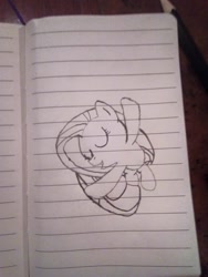 Size: 1080x1440 | Tagged: safe, imported from derpibooru, fluttershy, pony, filli vanilli, season 4, cute, eyes closed, flying, lined paper, monochrome, notebook, shyabetes, sketch, smiling, solo, traditional art