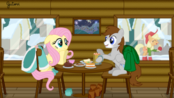 Size: 4447x2501 | Tagged: safe, artist:gutovi, imported from derpibooru, applejack, fluttershy, oc, oc:darvise, pegasus, pony, boots, cake, chocolate, clothes, coat, cookie, food, g4, hot chocolate, pegasus oc, sandwich, shoes, snow, tea, winter outfit