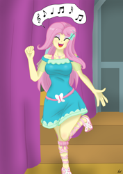 Size: 2630x3717 | Tagged: safe, artist:lennondash, imported from derpibooru, fluttershy, equestria girls, equestria girls series, arms, breasts, bust, busty fluttershy, clothes, cute, dancing, deep voice, dress, eyes closed, fingers, flutterguy, geode of fauna, hand, high res, legs, long hair, magical geodes, makeup, open mouth, open smile, raised leg, shoes, shyabetes, singing, smiling, teenager