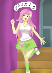 Size: 2630x3717 | Tagged: safe, alternate version, artist:lennondash, imported from derpibooru, fluttershy, equestria girls, arms, boots, breasts, bust, busty fluttershy, clothes, cute, dancing, deep voice, eyes closed, fingers, flutterguy, hand, happy, high res, legs, long hair, makeup, open mouth, open smile, raised leg, shoes, shyabetes, singing, skirt, sleeveless, smiling, socks, tanktop, teenager