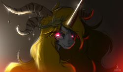 Size: 1226x720 | Tagged: safe, artist:zidanemina, imported from derpibooru, oc, oc only, oc:infernia, pony, unicorn, blonde, bust, extra horns, horn, multiple horns, pink eyes, portrait, scary face, shiny eyes, smiling, solo, tricorn