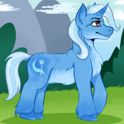 Size: 1600x1600 | Tagged: safe, artist:bennythebunny95, imported from derpibooru, trixie, pony, unicorn, chest fluff, colored hooves, female, fluffy, mare, profile, smiling, solo, unshorn fetlocks